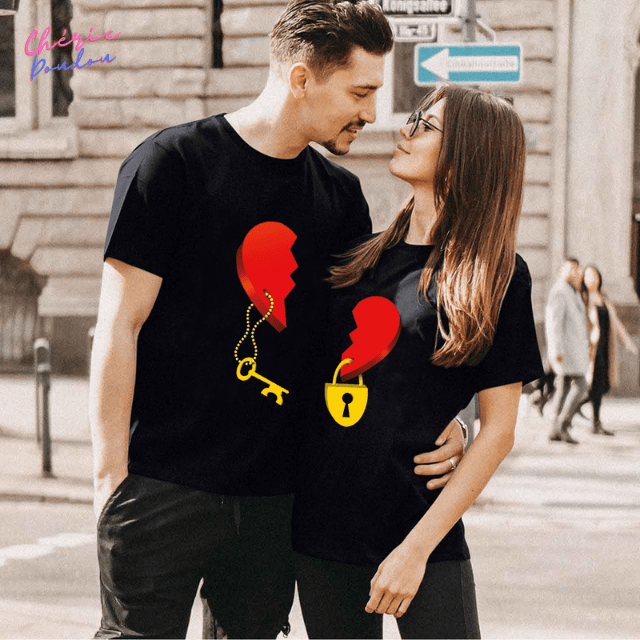 T-shirts couple Cœur cadenassé Cheriedoudou - cadeau couple